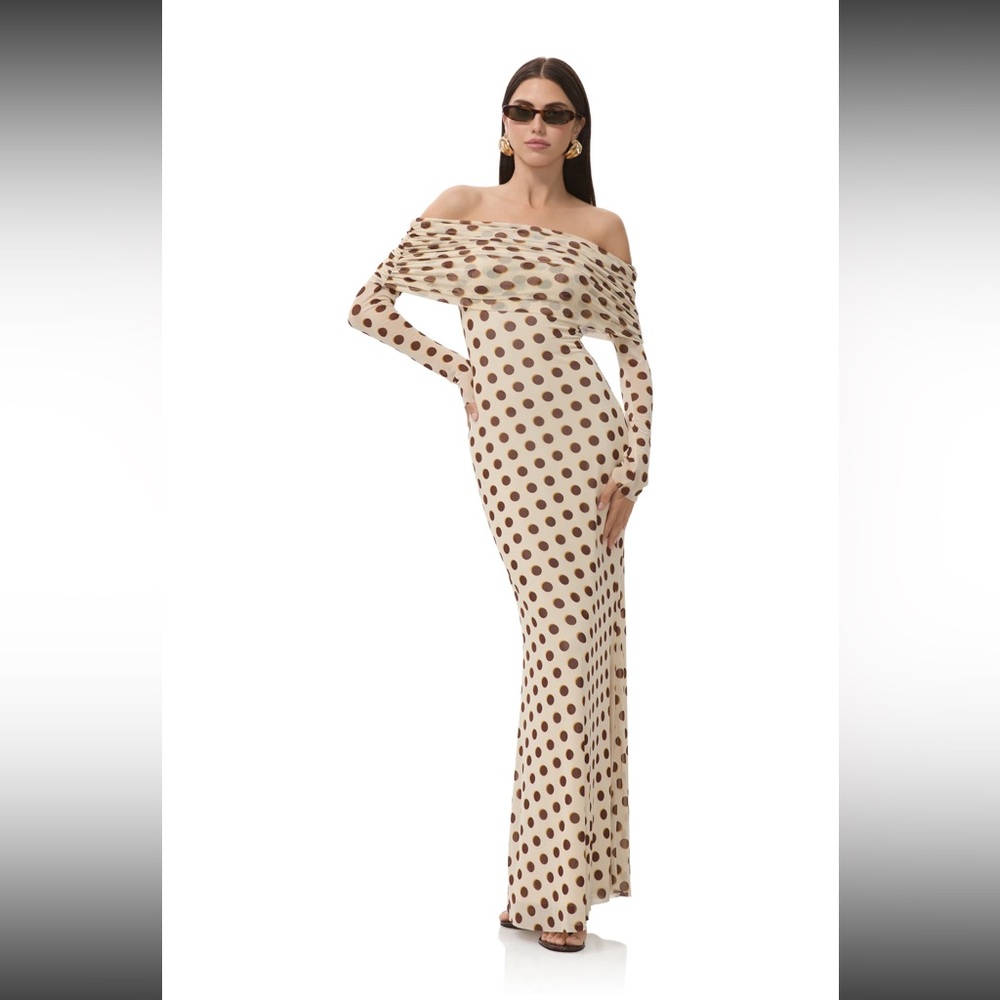AFRM Cream and Brown Polka Dot Long Sleeve Dress